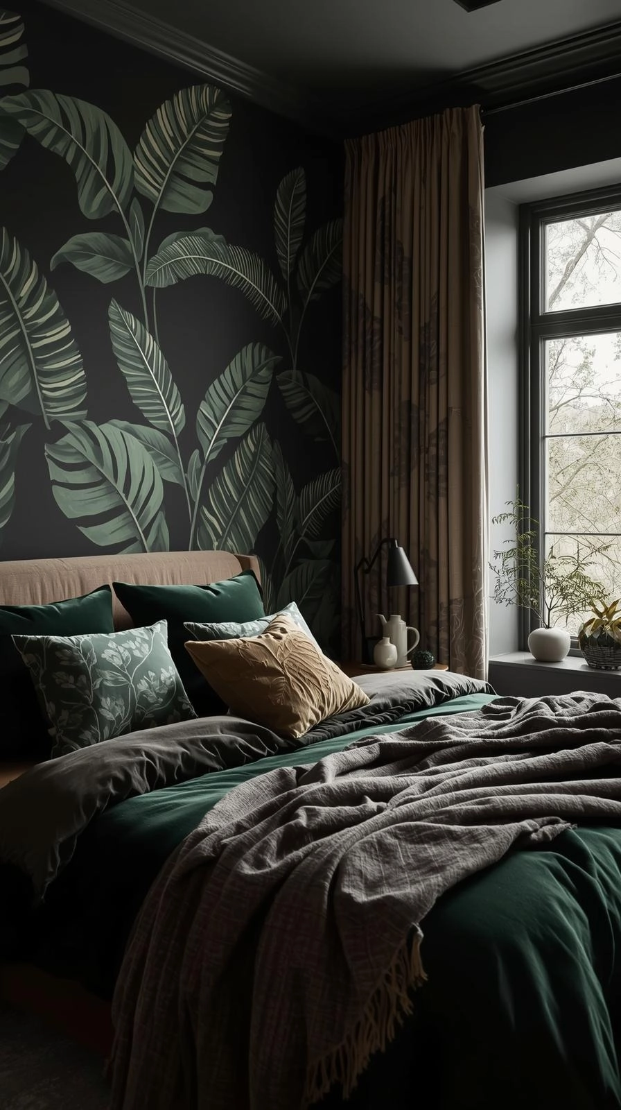 Dark botanical bedroom with oversized leaf wallpaper, velvet and linen textiles, and botanical print accents for a dramatic yet cozy style.