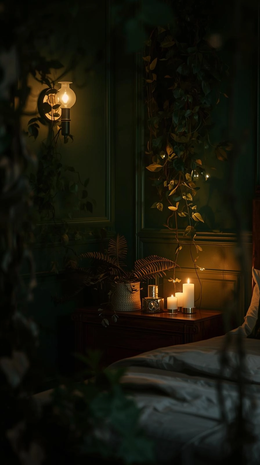 Dark botanical bedroom with layered warm lighting, sconces, candles, and string lights highlighting plants for a cozy, moody effect.