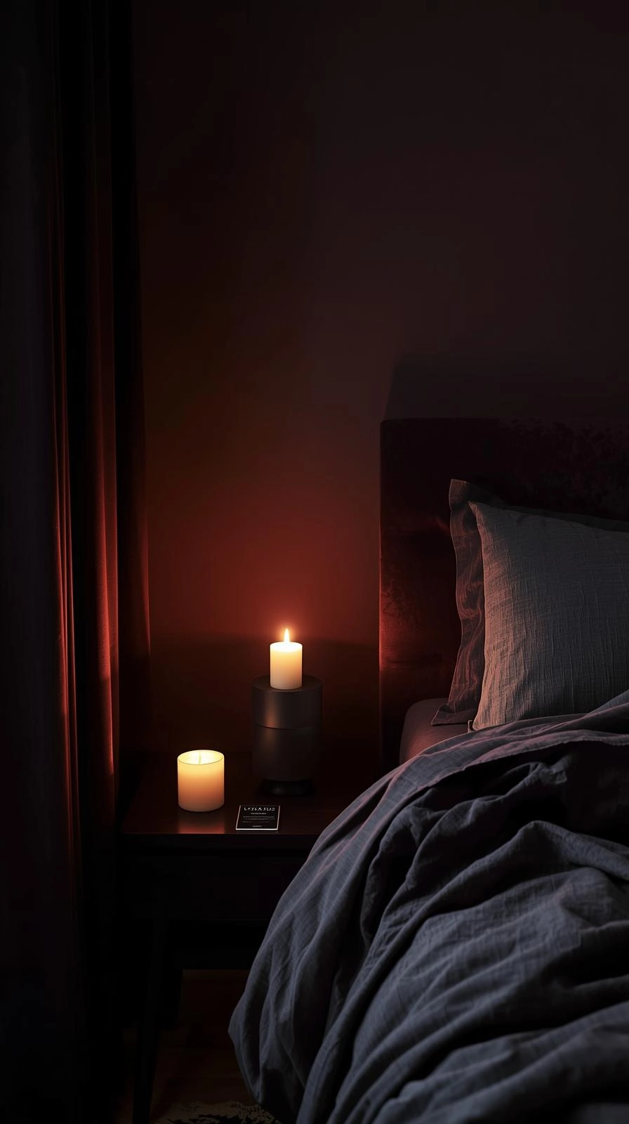 Dark feminine aesthetic bedroom with candlelight, warm tones, and a speaker creating a soothing atmosphere with scent and sound.