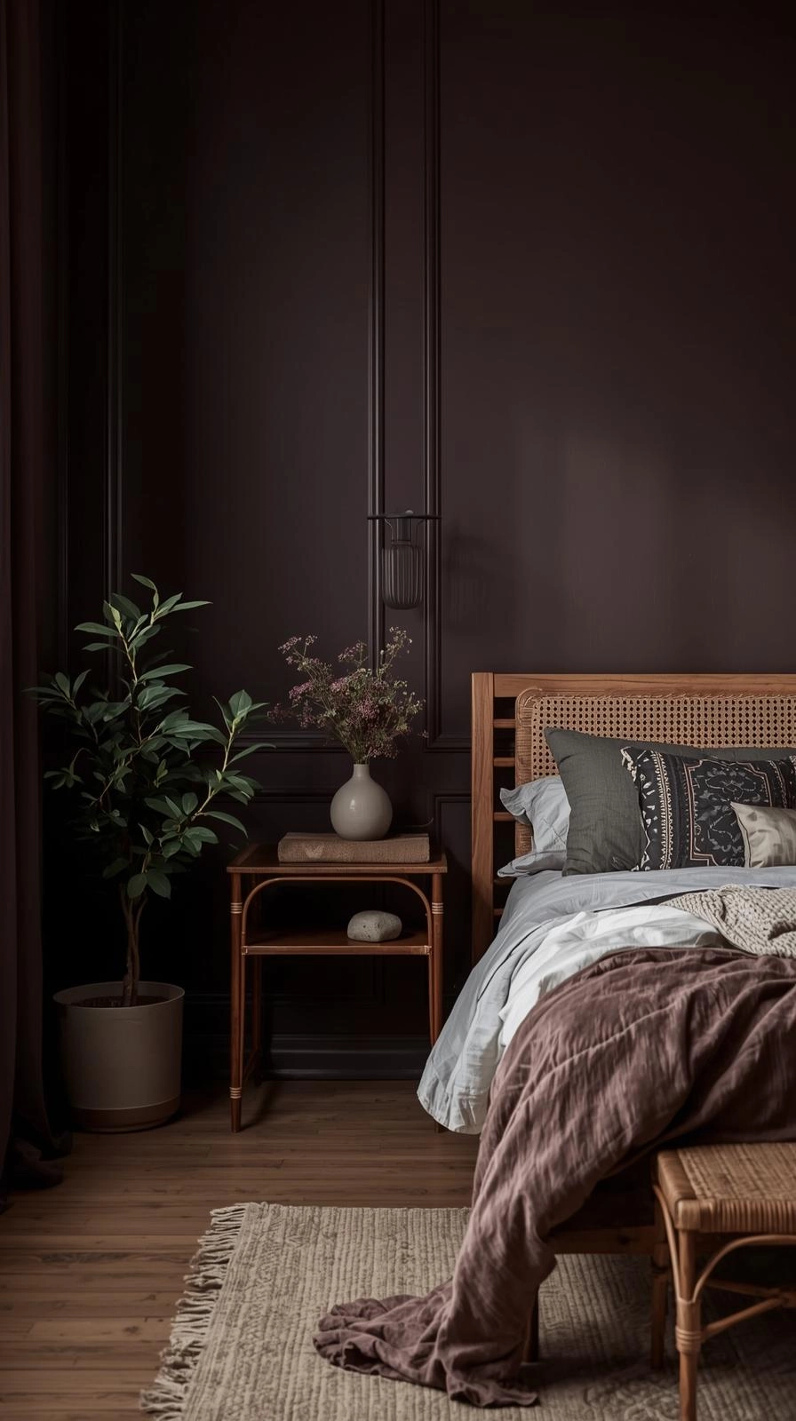 Dark feminine bedroom with dark walls, wooden furniture, and greenery adding natural balance and warmth.