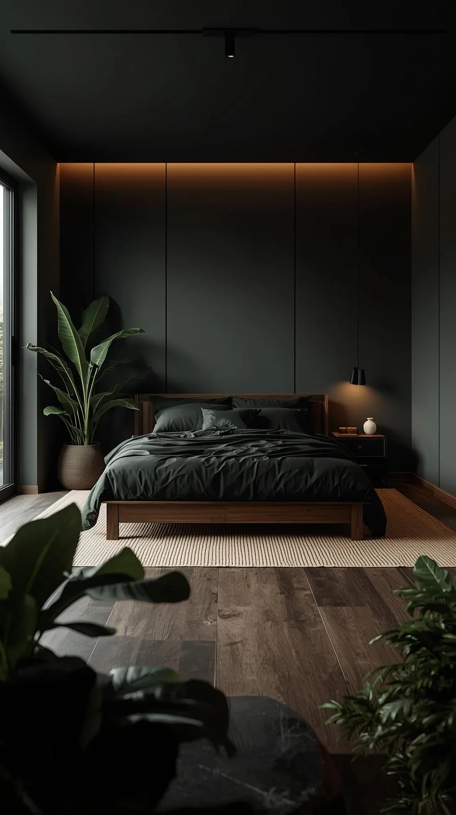 Modern dark nature aesthetic bedroom with balanced furniture layout, wooden bed, and plants against dark matte walls.