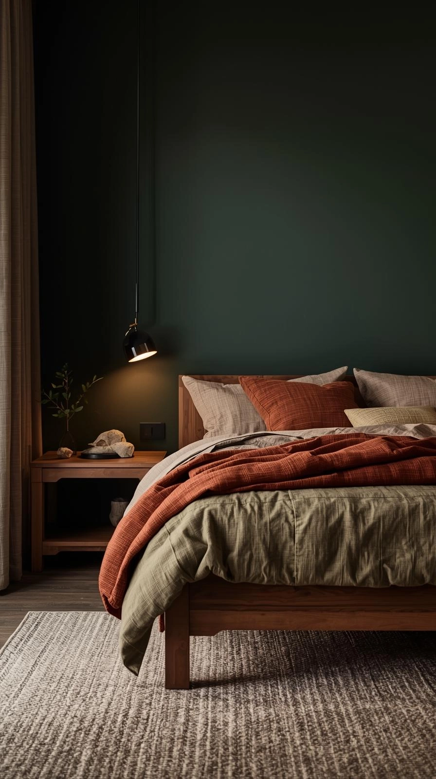 Modern dark nature aesthetic bedroom with deep green matte painted walls, wooden bed frame, and warm natural textures.