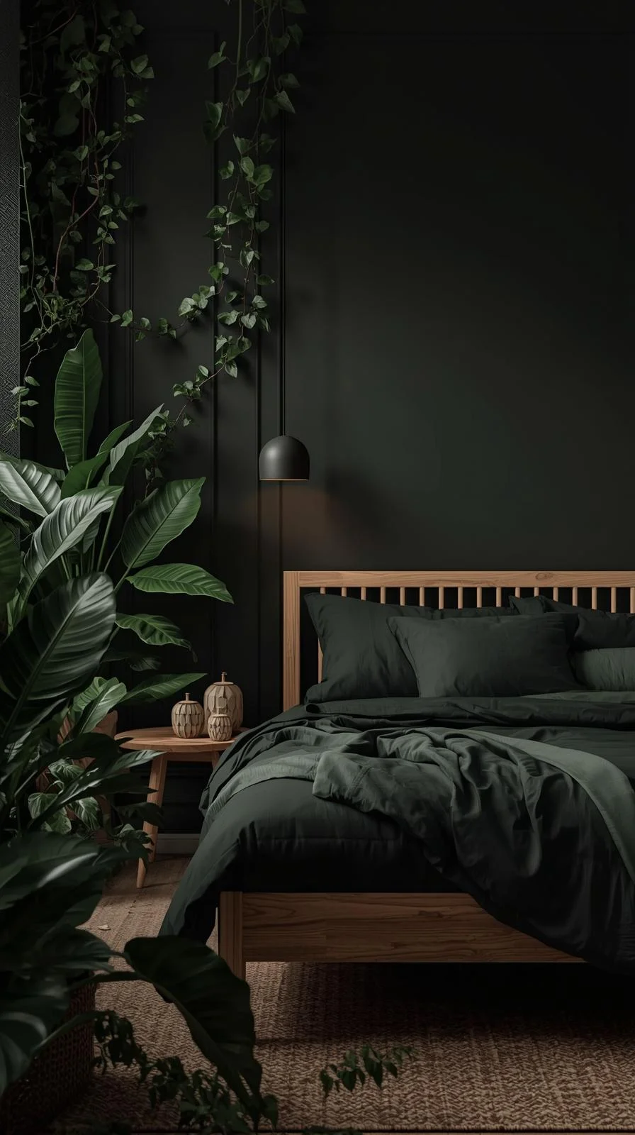 Modern dark nature aesthetic bedroom with large leafy indoor plants, charcoal walls, and dark green bedding.