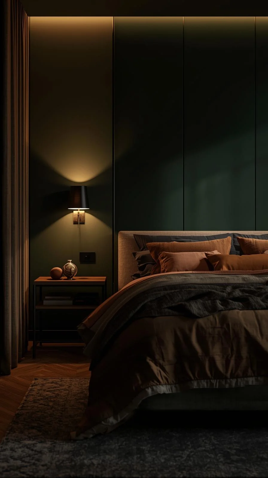 Modern dark nature aesthetic bedroom with warm layered lighting, matte green walls, and wooden bed frame.