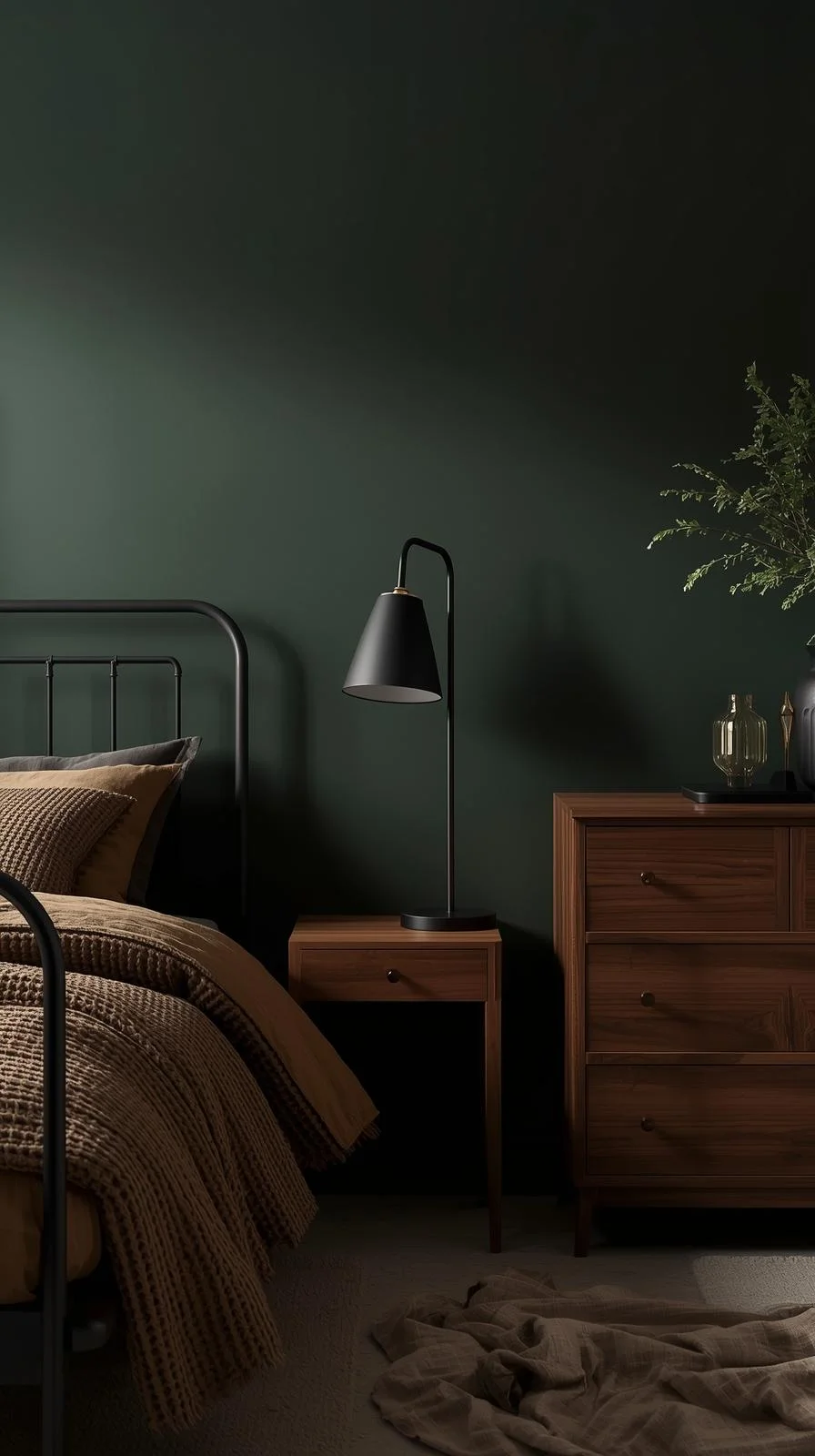 Modern dark nature aesthetic bedroom with matte black lamp, bronze accents, and iron bed frame against dark green walls.