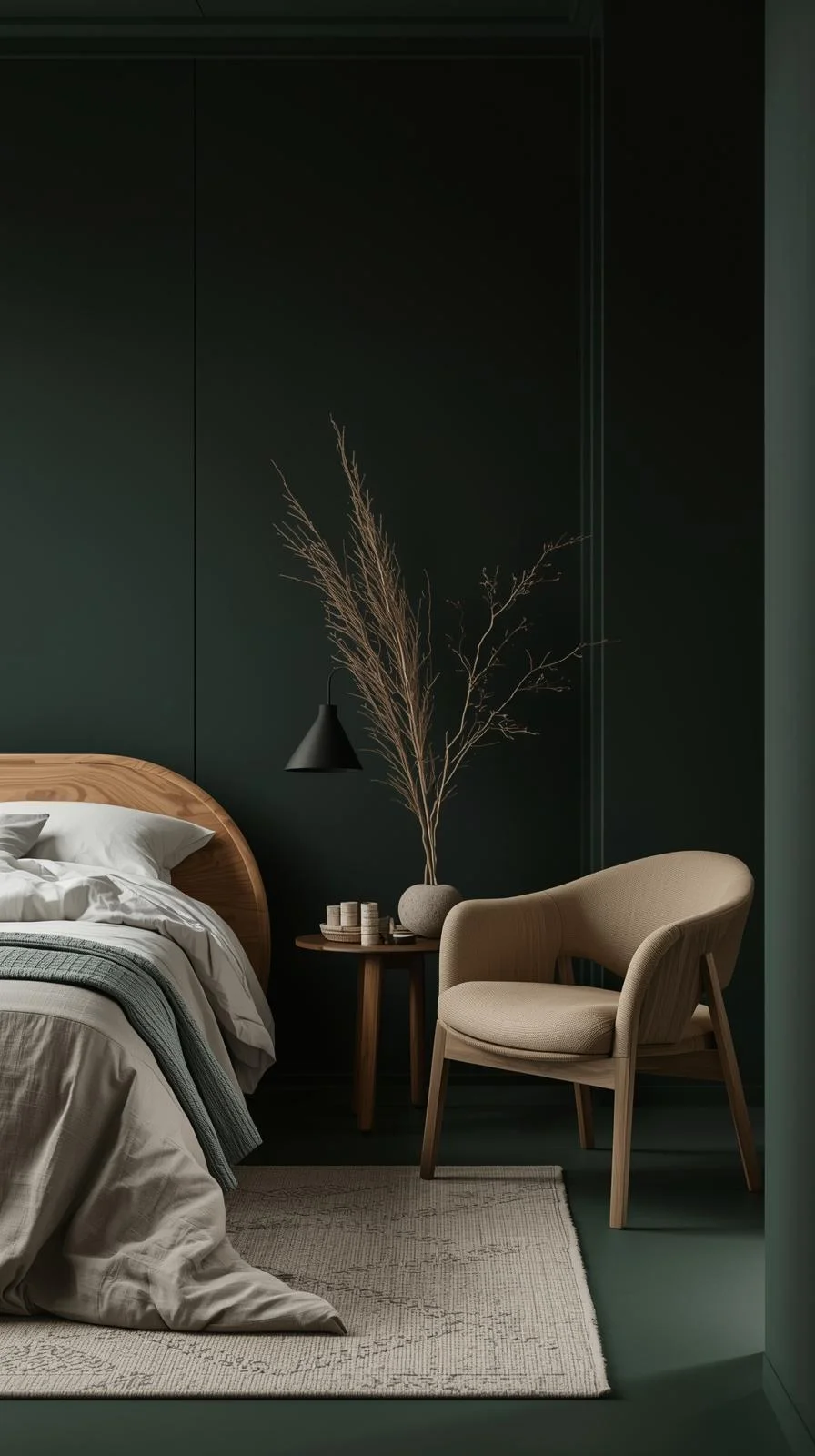 Modern dark nature aesthetic bedroom with minimalist wooden furniture, rounded bed frame, and curved armchair.