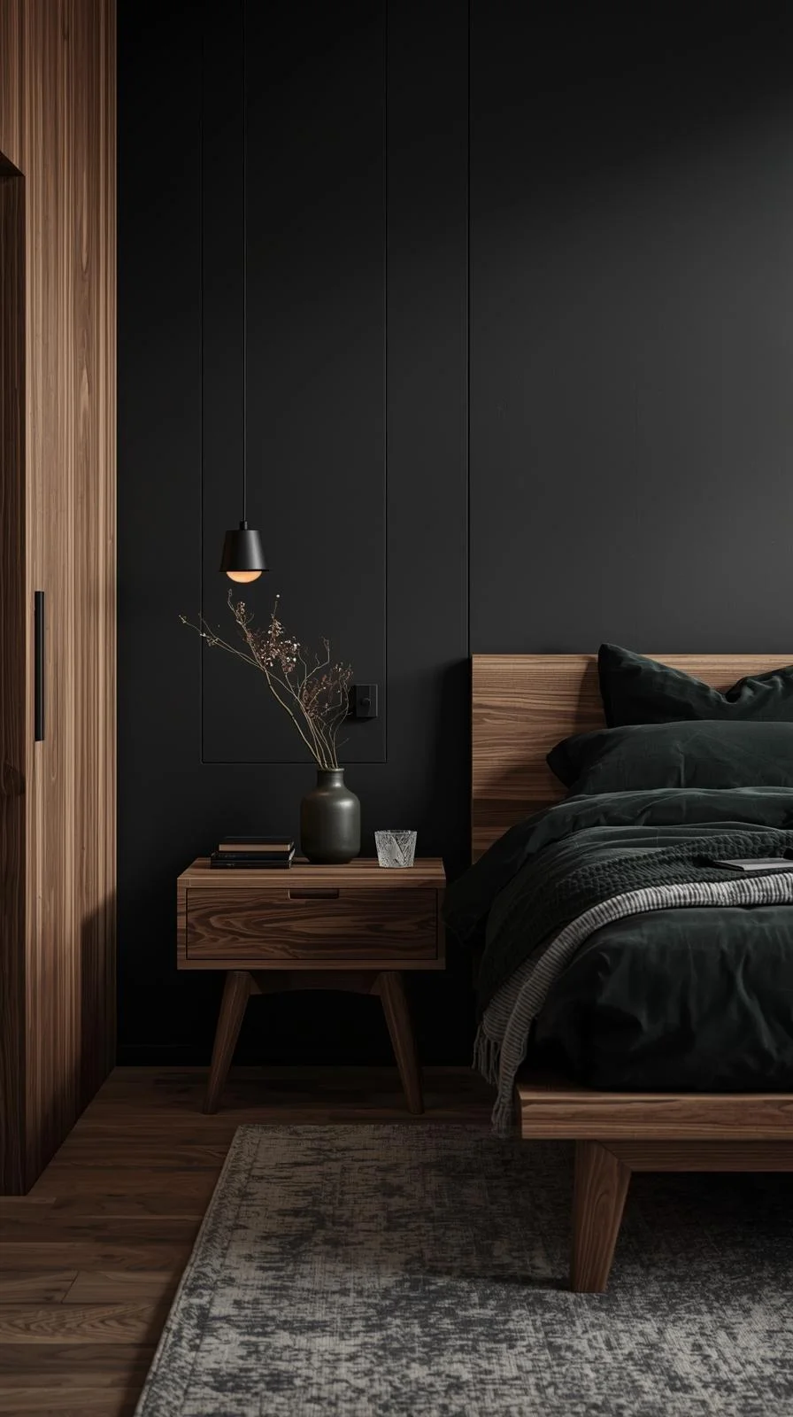 Modern dark nature aesthetic bedroom with walnut nightstand, oak bed frame, charcoal walls, and deep green bedding.