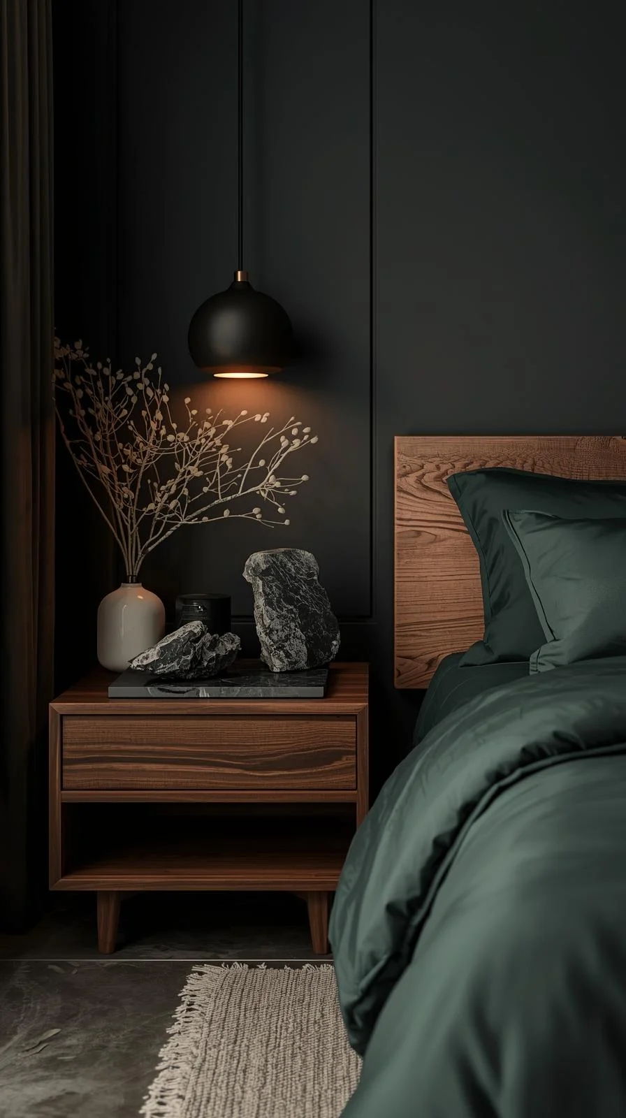 Modern dark nature aesthetic bedroom with slate tray, marble accents, and wooden furniture against dark matte walls.