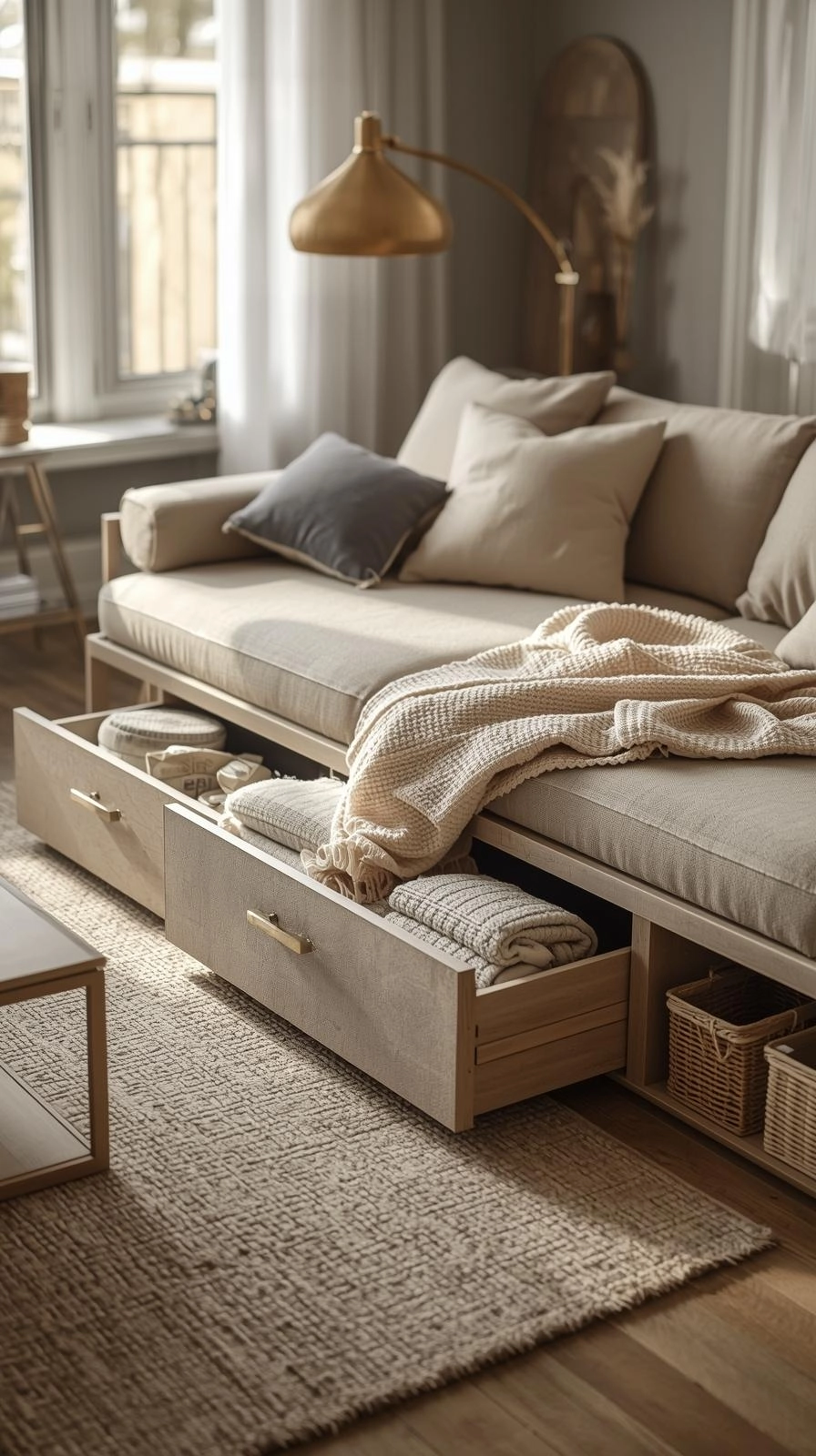 Living room daybed couch with built-in storage drawers underneath, showing neatly organized blankets and a cozy modern setup.