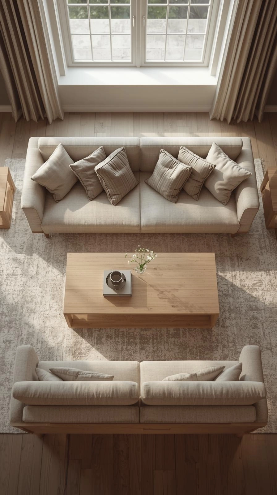 Daybed as couch living room styled with pillows, rug, and coffee table as the main seating arrangement.