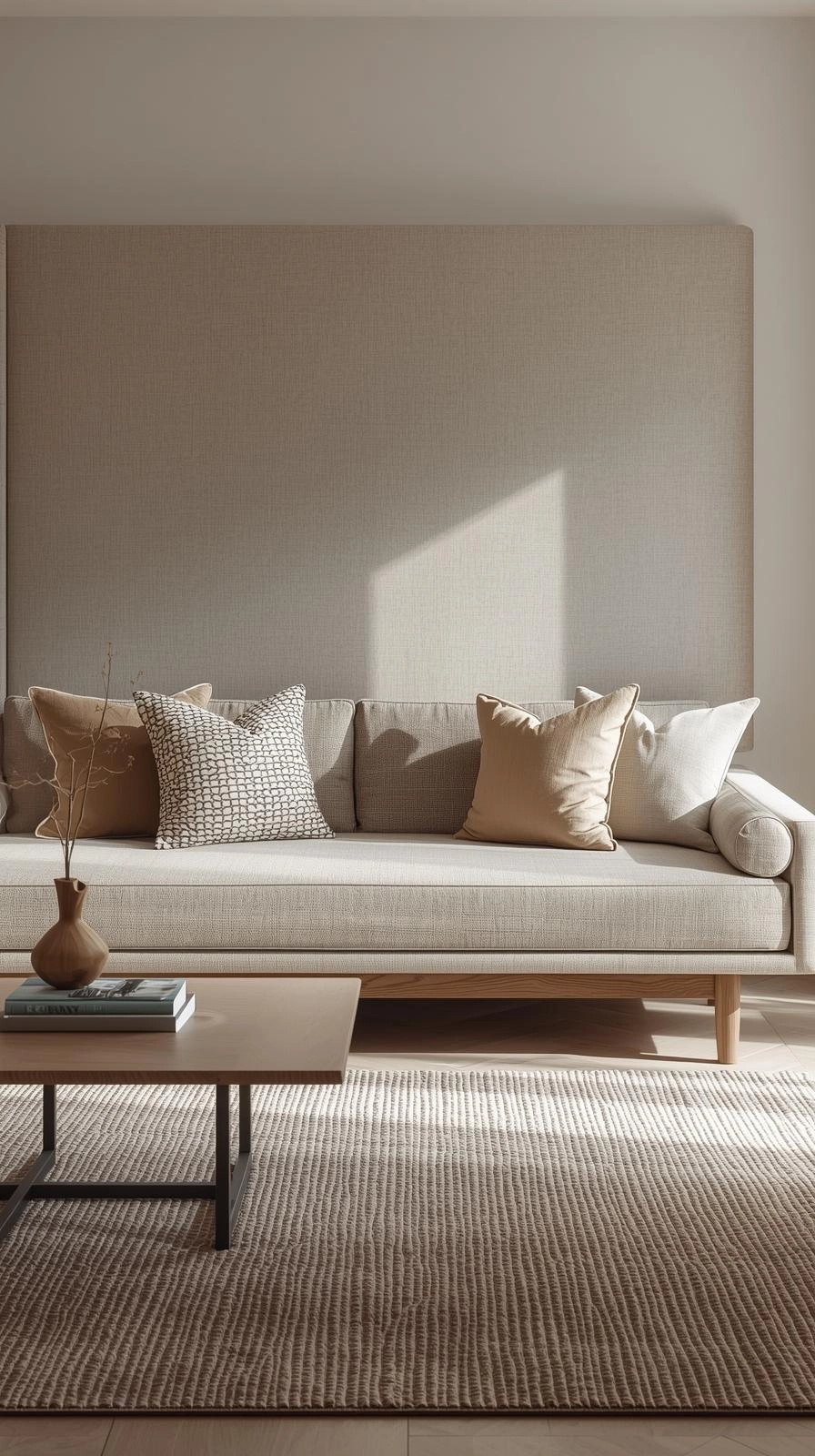 Daybed as couch living room with upholstered back panel for pillow support and added comfort.