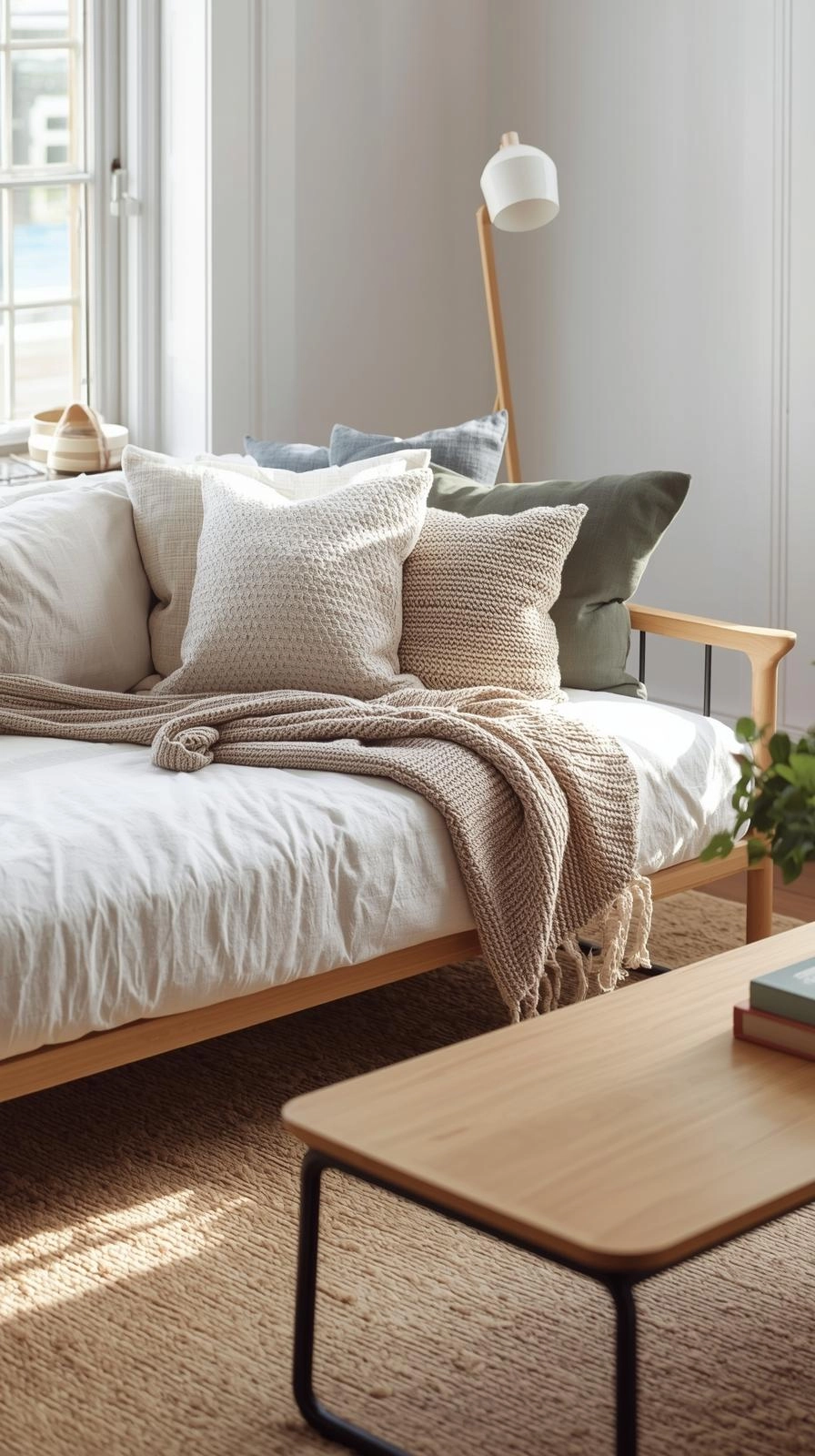 Daybed as couch living room styled with layered textures including throws, blankets, and pillows.
