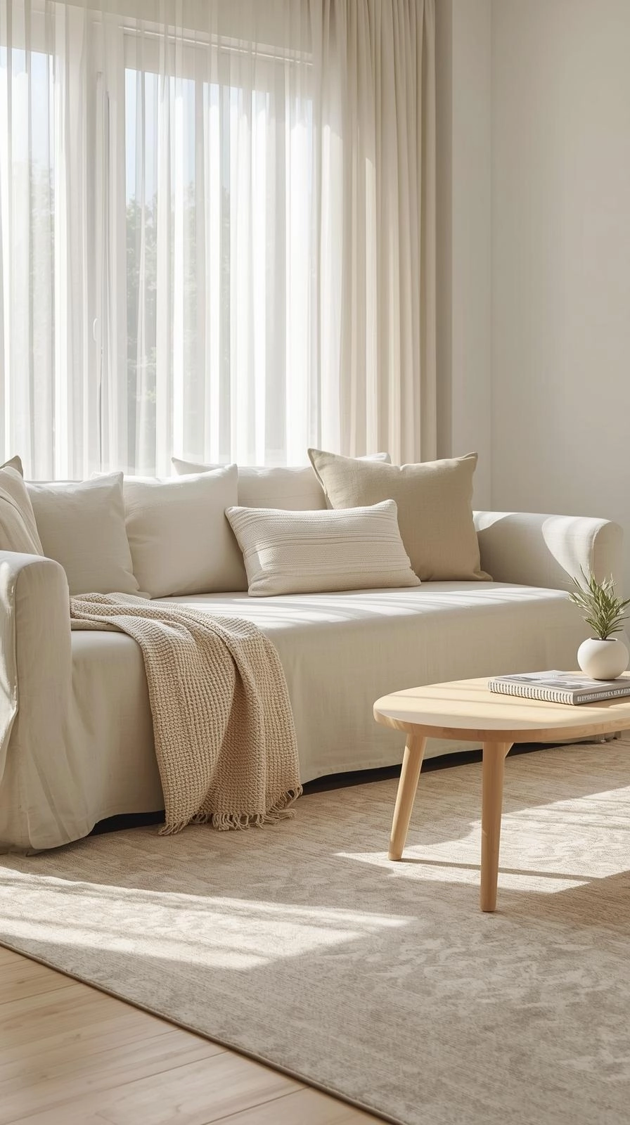 Daybed as couch living room styled with neutral fabrics, slipcover, and linen throw for a clean look.