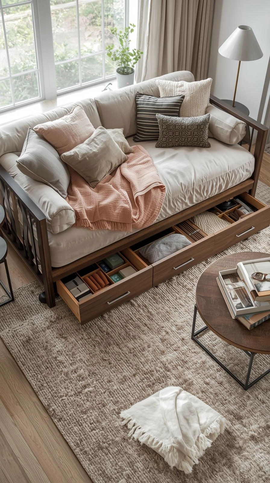 Daybed as couch living room with built-in storage drawers underneath for blankets and essentials.