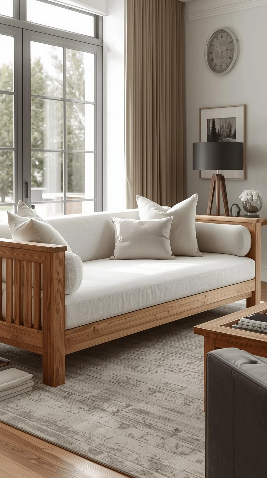 Daybed as couch living room with a custom wooden frame for a finished and structured sofa look.