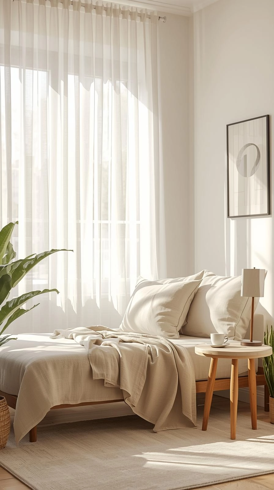 Daybed by a large window in a bright living room corner with linen cushions, soft sunlight, and a cozy reading setup.