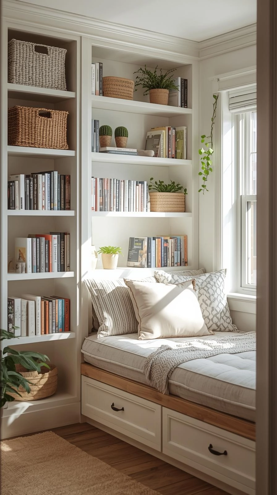 Modern daybed with built-in shelving holding books and baskets in a bright, organized bedroom nook.
