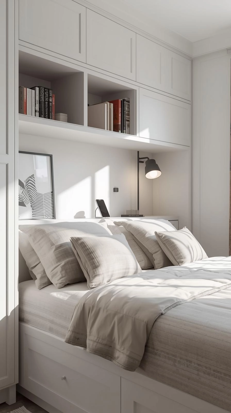 Modern daybed with a built-in headboard featuring shelves and small cabinets for storage in a bright bedroom.