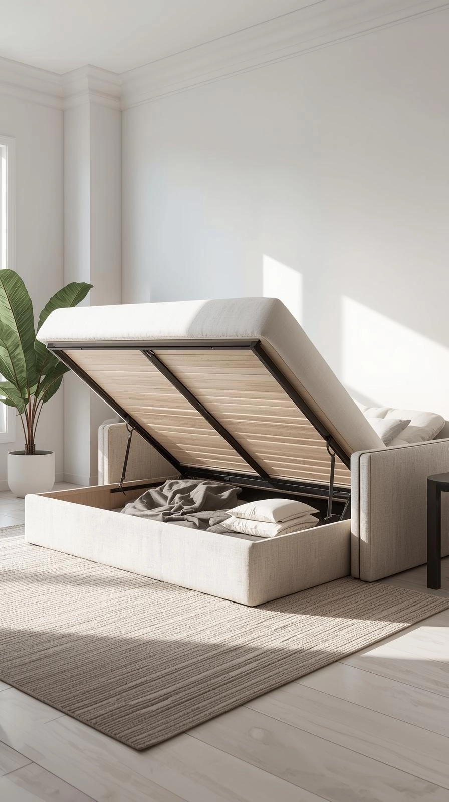 Modern daybed with lift-up platform showing hidden storage compartment beneath the mattress in a bright room.