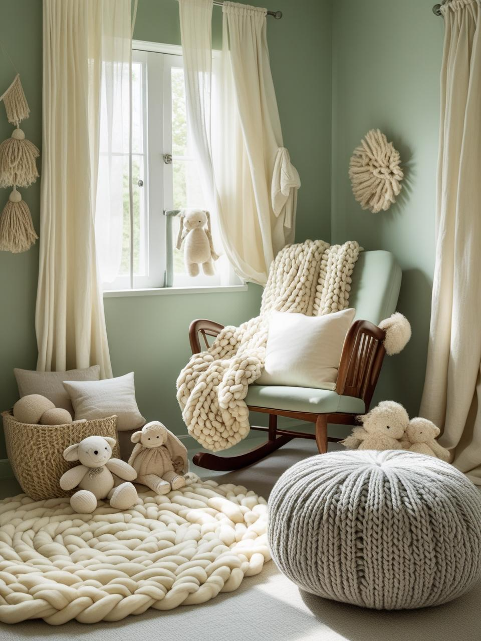 Dreamy sage green nursery with layered textures like knit blankets, wool rugs, and soft cotton curtains for a cozy feel.