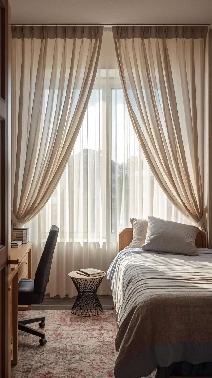 College dorm room decor ideas with airy curtains that soften the window area and add height to the space.