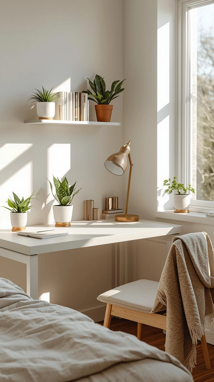 Modern dorm room decorated with small plants and cozy neutral decor for fresh dorm room decoration ideas.