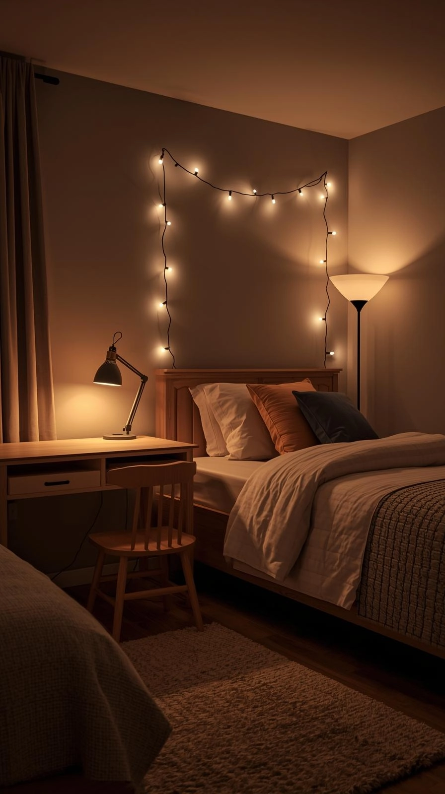 Dorm room ideas for girls college with cozy lighting from a desk lamp, string lights, and a floor lamp instead of harsh overhead light.