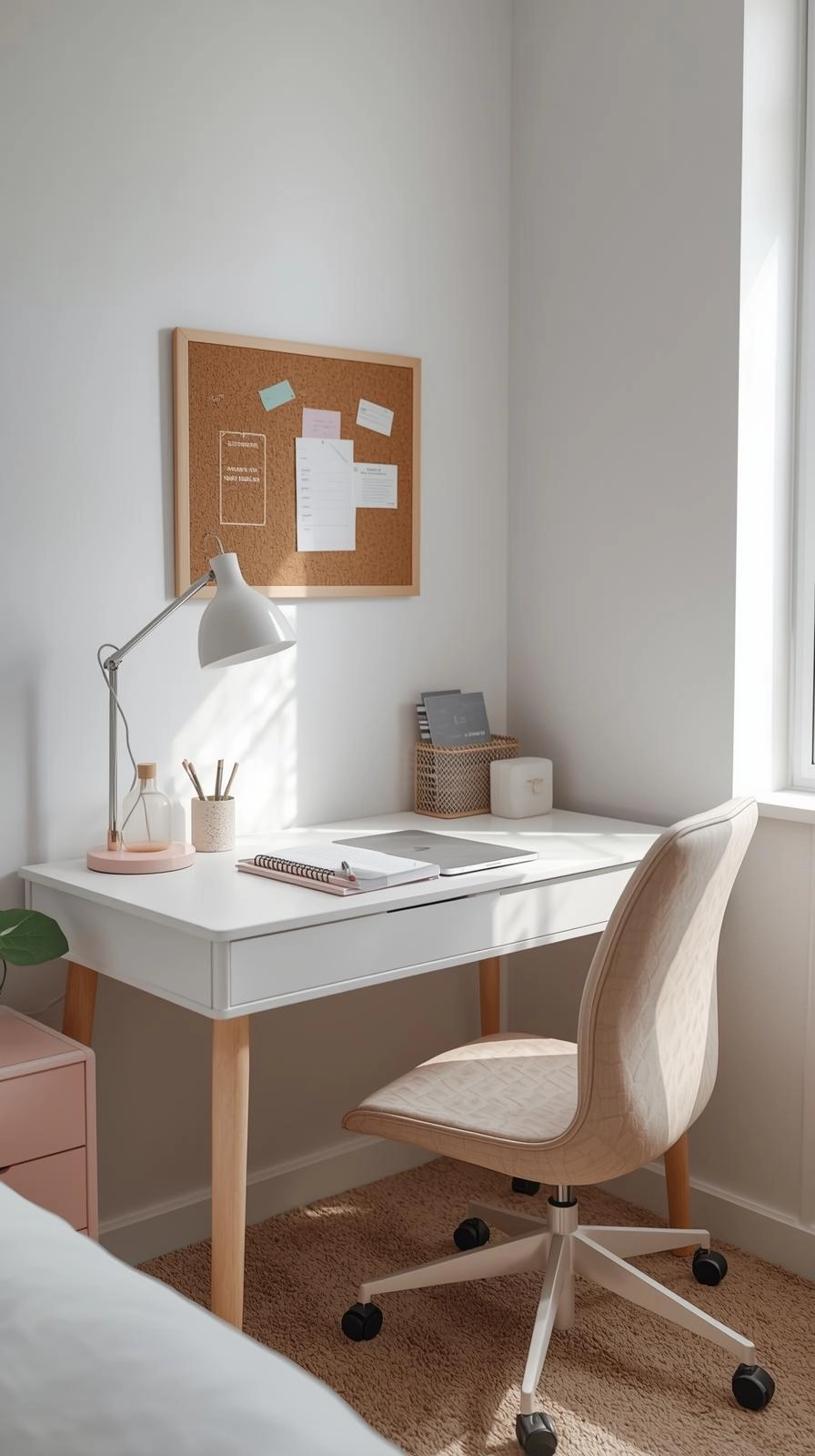 Dorm room ideas for girls college with a tidy study area featuring a desk lamp, organizers, corkboard, and cushioned chair