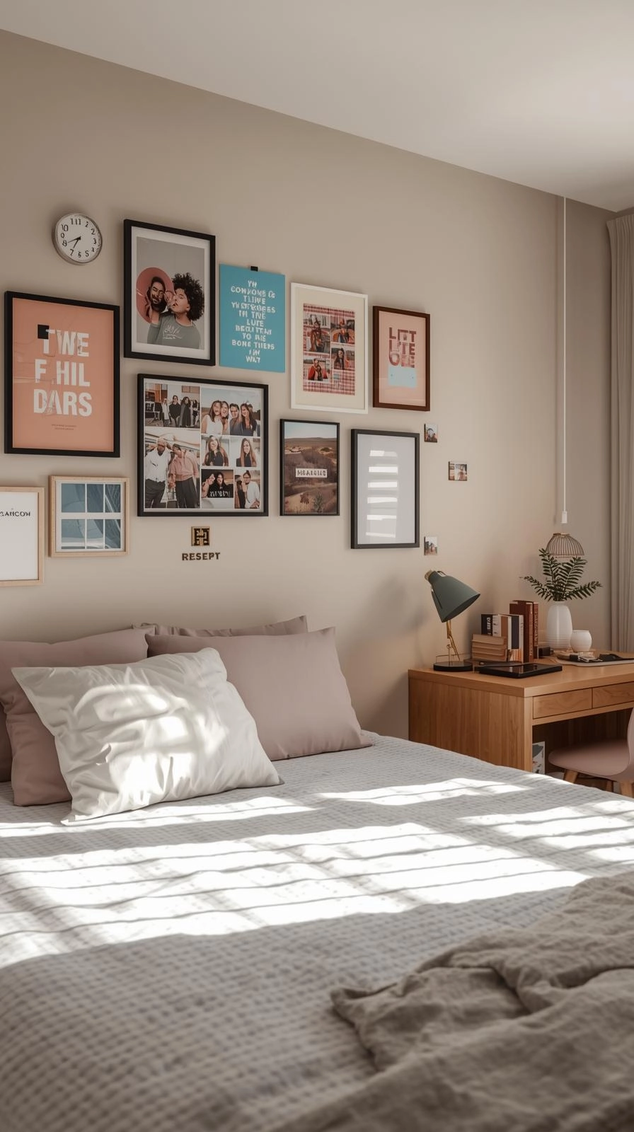 Dorm room ideas for girls college with personalized walls decorated with framed photos, posters, and removable decals