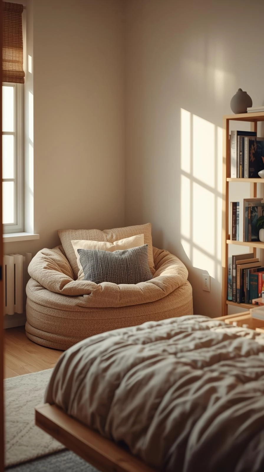 Dorm room ideas for girls college with a cozy relaxation corner featuring a bean bag chair, soft pillows, and books.
