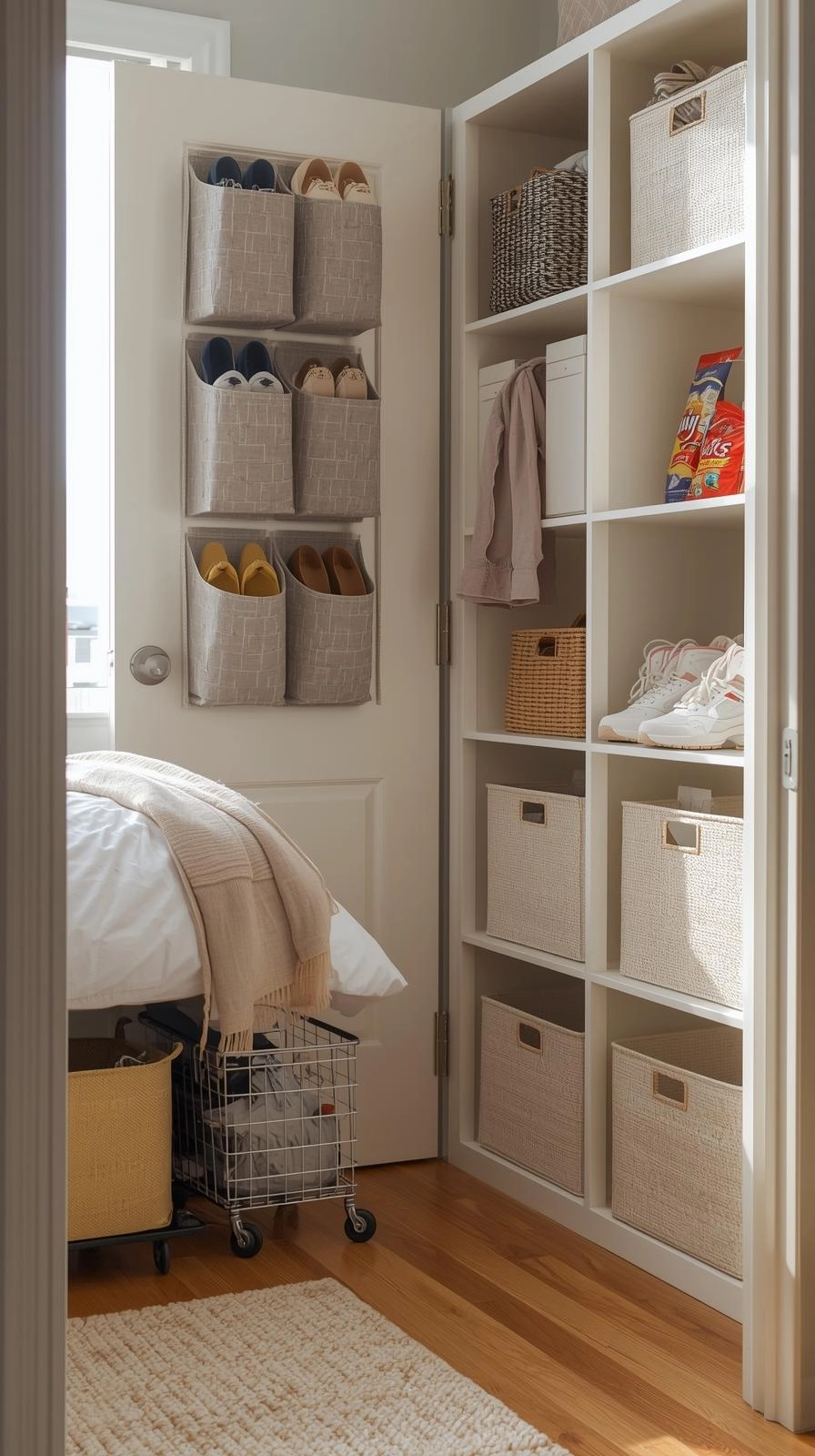 Dorm room ideas for girls college featuring smart storage solutions with under-bed bins, door organizers, and fabric cubes