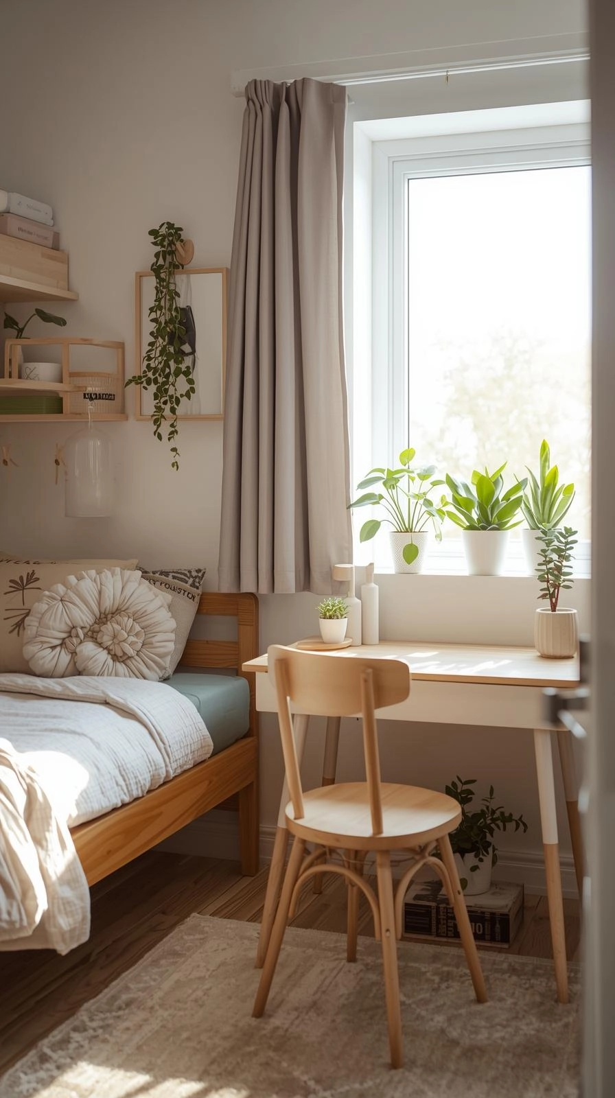 Girls dorm room with small green plants, succulents, and natural light showing fresh and cozy dorm decor ideas for girls.
