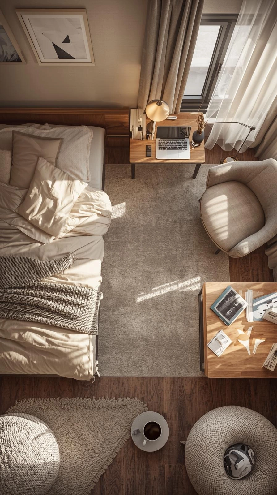 A well-organized dorm room divided into sleep, study, and relax zones showing creative dorm room decoration ideas for small spaces.