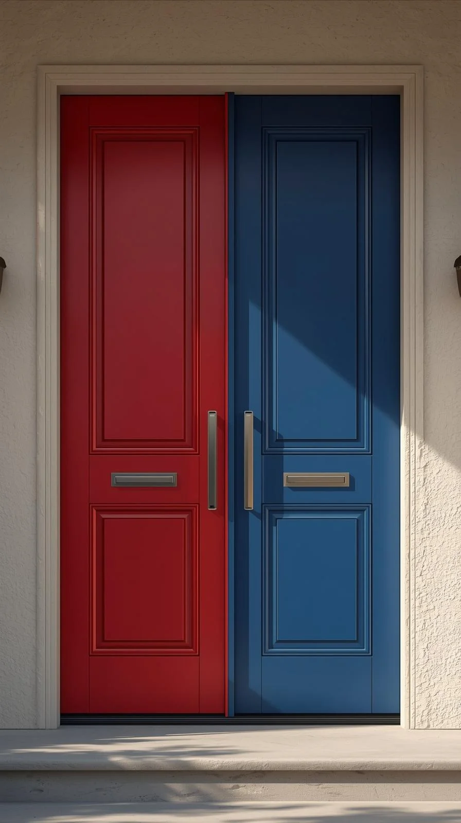 Bold-colored double door entryway with smooth design, bright red finish, and neutral exterior walls for striking contrast.