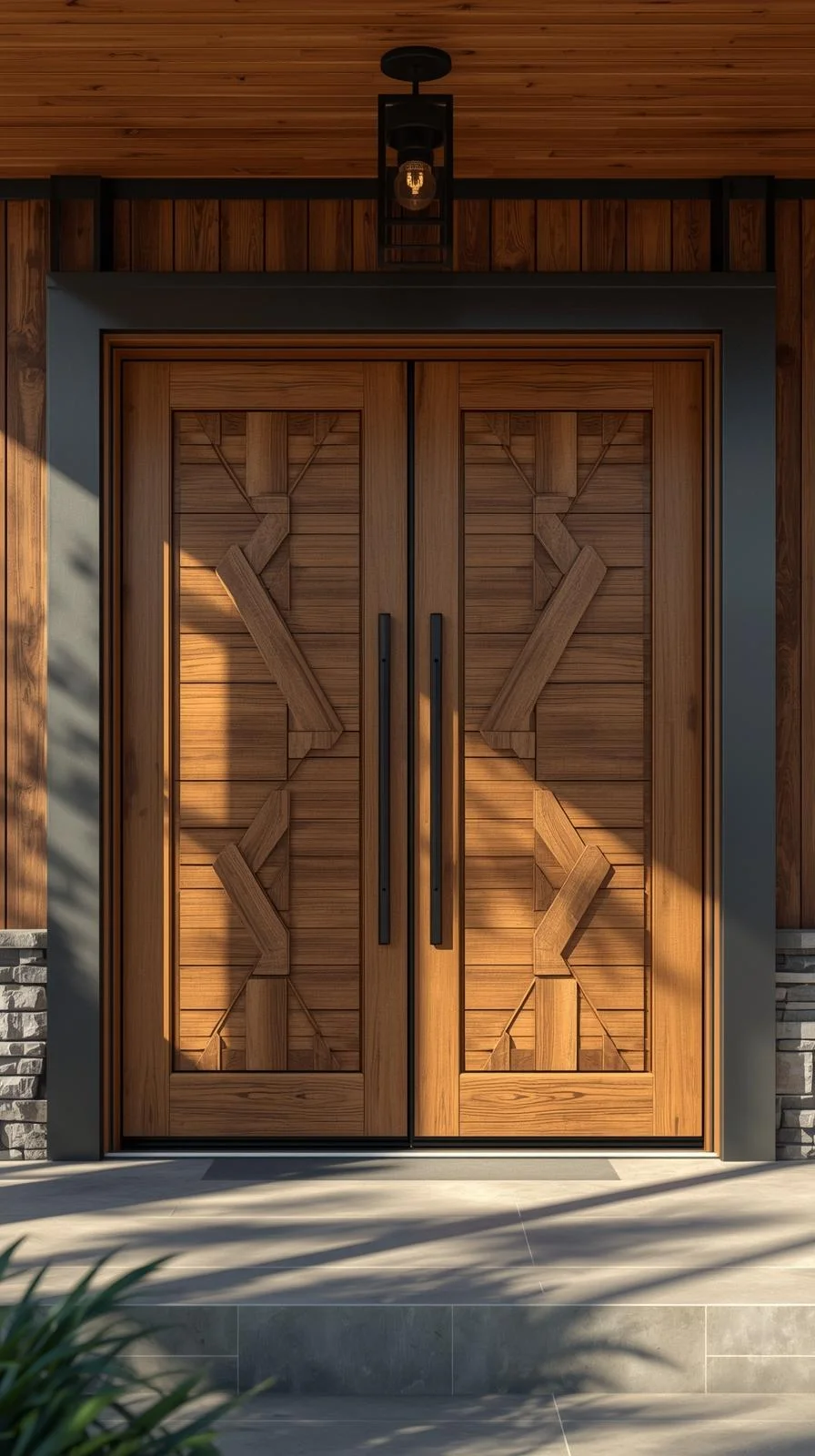 Double door entryway with mixed materials featuring wood panels and steel inlays for a modern yet classic design.