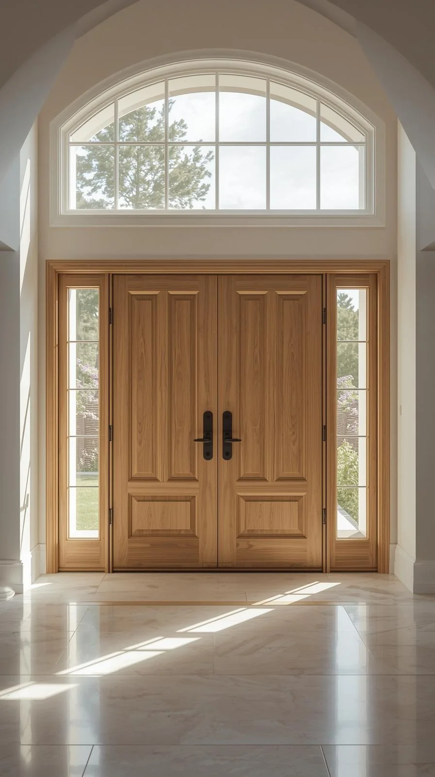 Double door entryway with glass sidelights and transom panel that brighten and enlarge the home’s entrance.