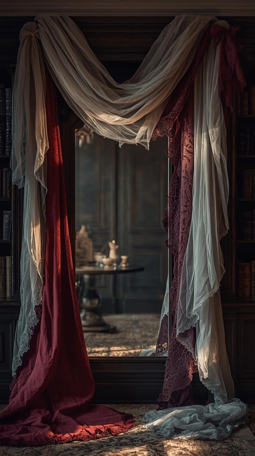 Living room styled with draped fabrics and lace for an elegant spooky season home decor look.