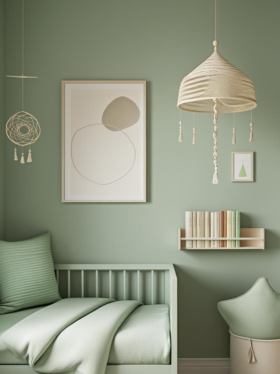 Dreamy sage green nursery with minimal decor and no set theme, featuring calm sage walls, a print, mobile, and small bookshelf.