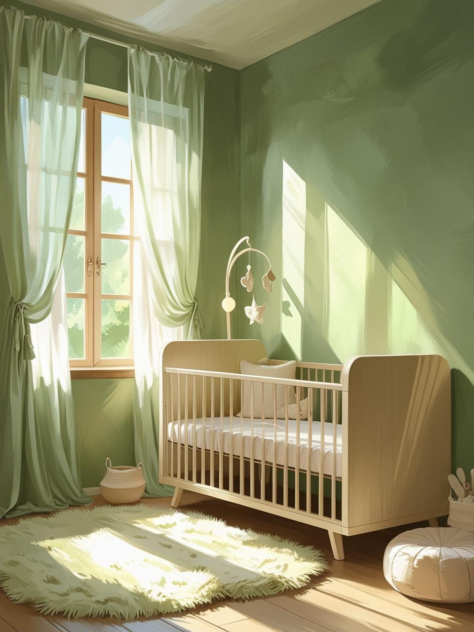 Dreamy sage green nursery with sheer curtains, natural sunlight, sage-toned walls, and soft, airy atmosphere.