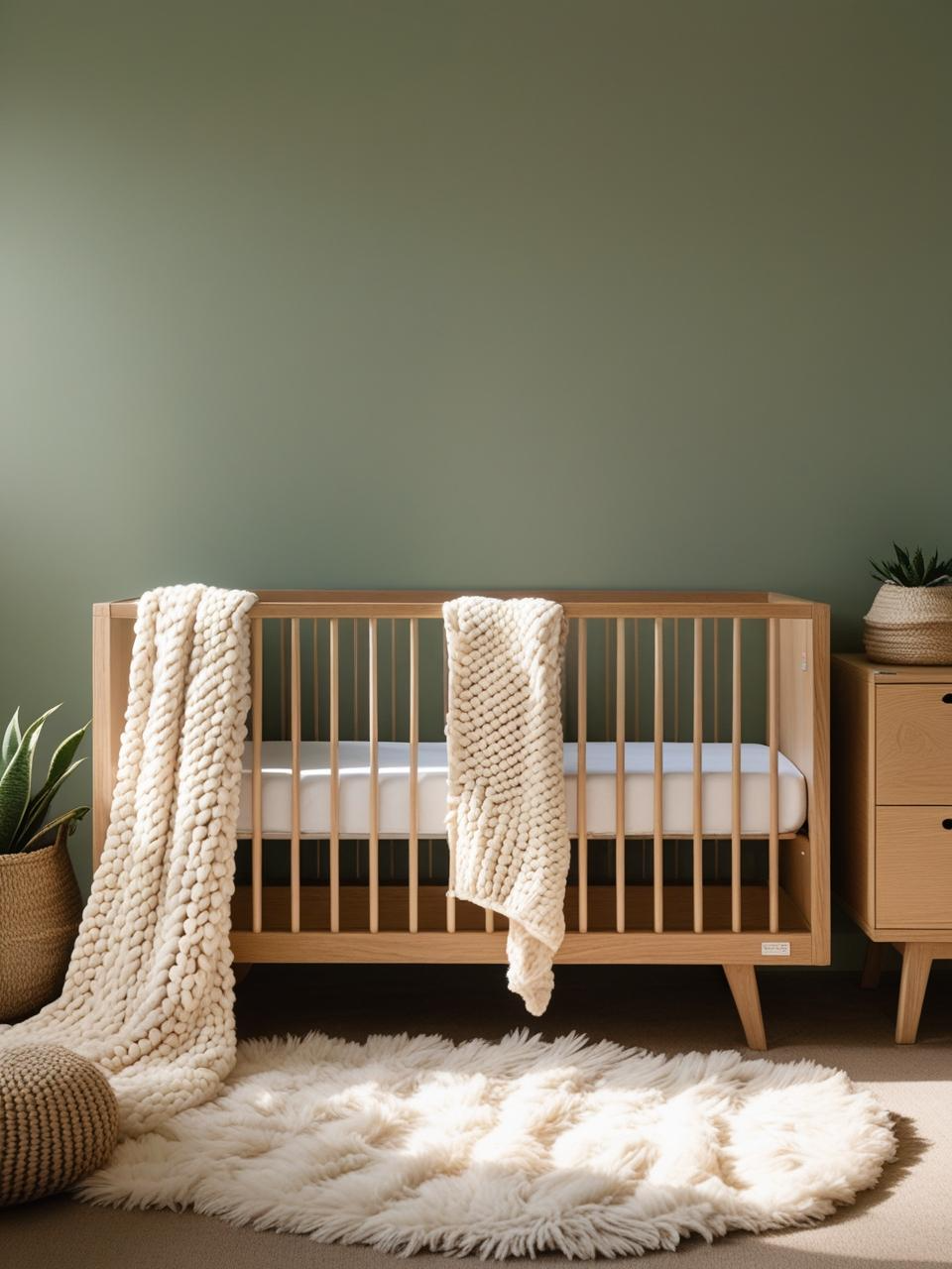 Dreamy sage green nursery with natural wood crib and changing table, styled with soft tones and organic warmth.