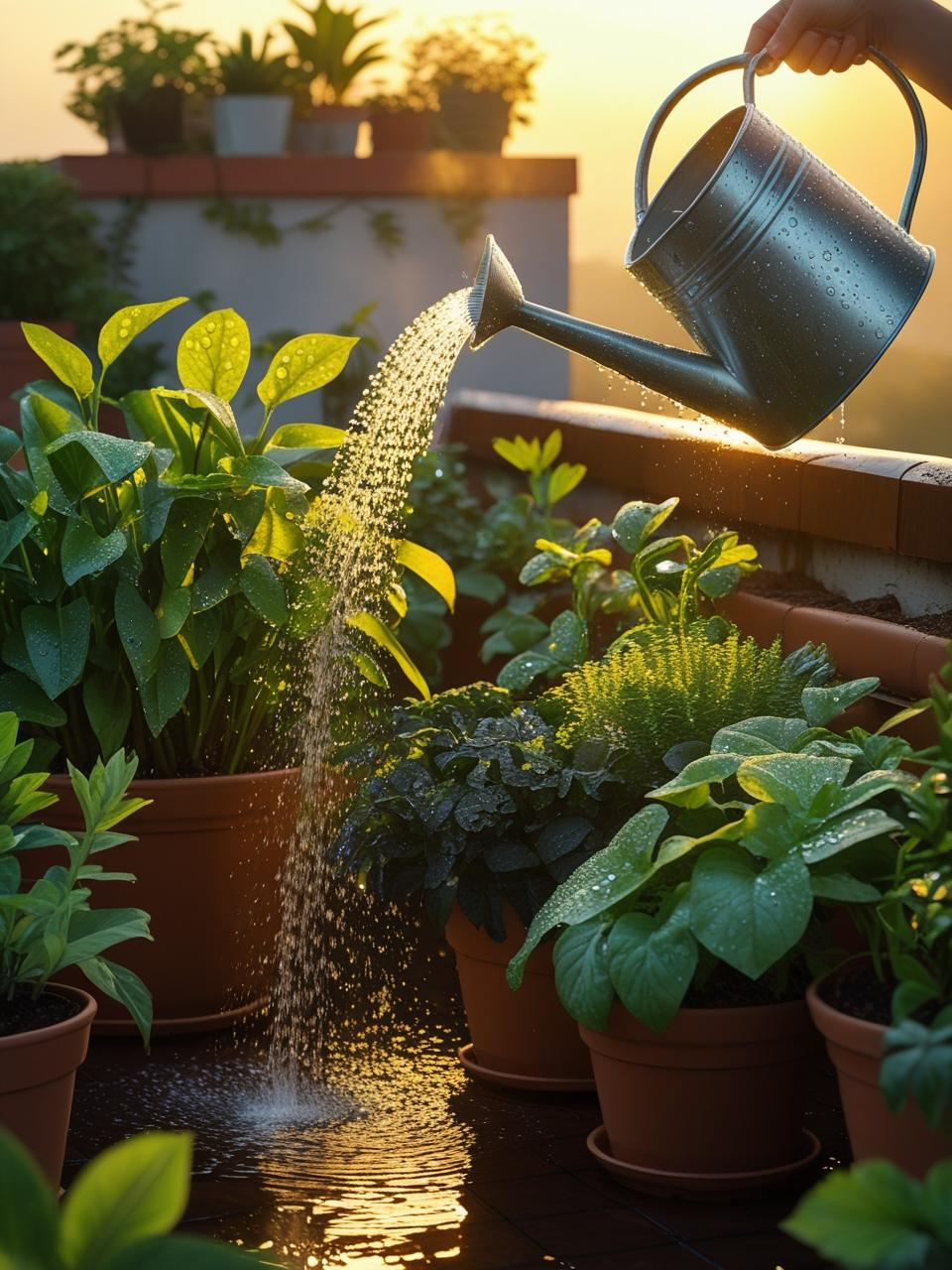 Early morning light shining on a thriving terrace garden as plants are gently watered for a healthy start to the day.