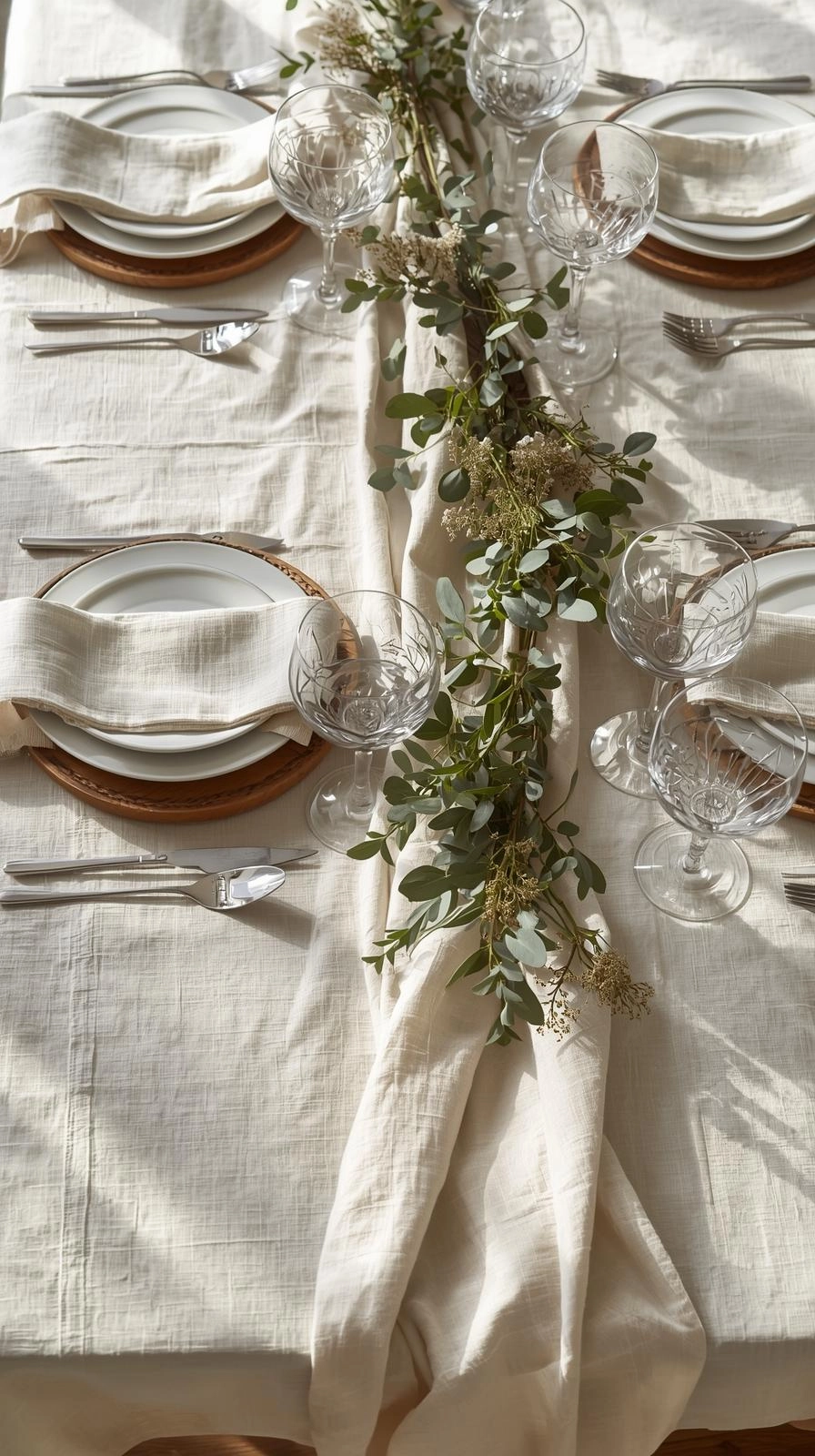 Fun natural table settings ideas with a beige cotton tablecloth creating a calm, grounding base for a rustic dining table.