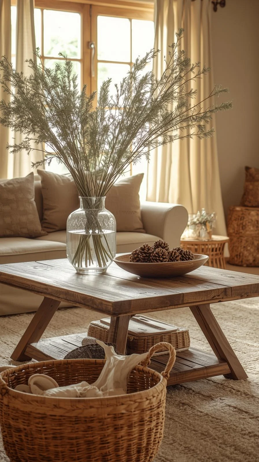 Earthy cottage home decor ideas with branches in a vase, pinecones in a bowl, and shells displayed in a rustic living room.