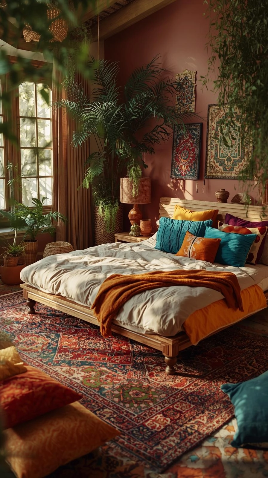Boho maximalist bedroom with earthy tones, colorful accents, and layered textures inspired by natural hues.