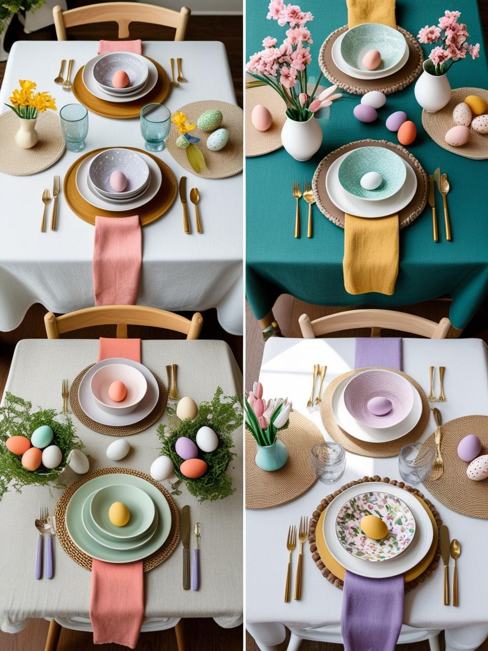Easter table decor showing color palettes and textures with soft pastels, bold tones, and layered materials for a stylish spring table.