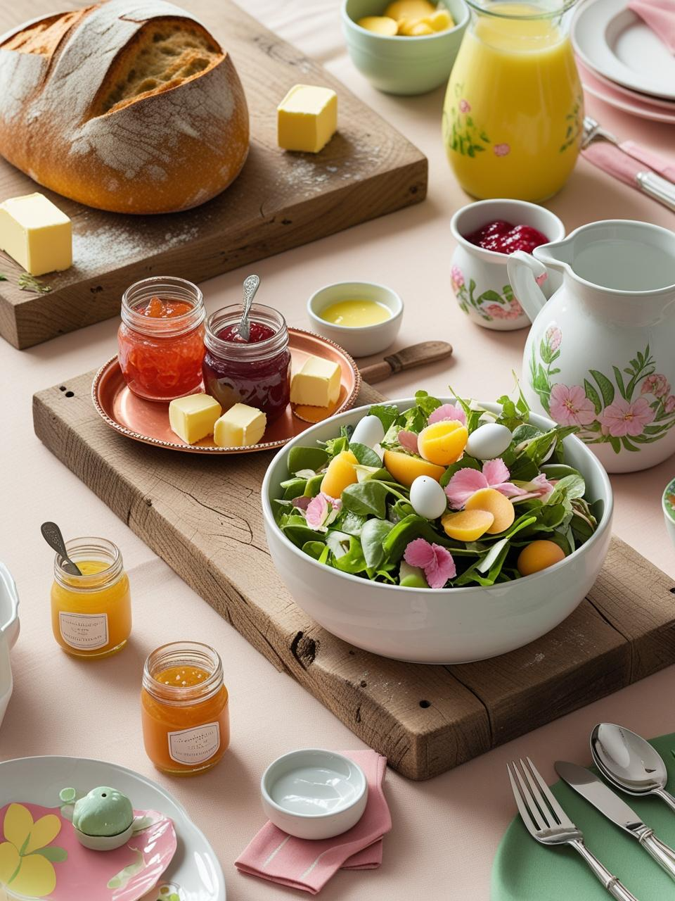 Easter table decor with bread board, jam tray, water pitcher, and salad bowl arranged for easy serving and guest flow.
