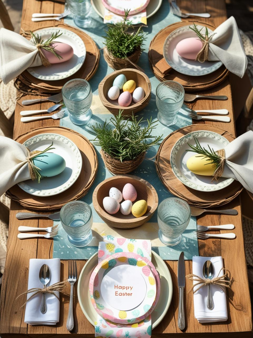 Easter table decor with creative place settings including napkins, rosemary sprigs, vintage plates, ceramic eggs, and pastel glassware.