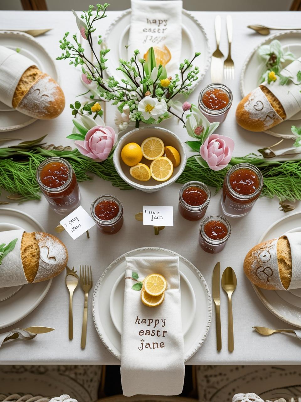 Easter table decor with handwritten notes, homemade gifts, place cards, and citrus slices for a warm, personal holiday touch.