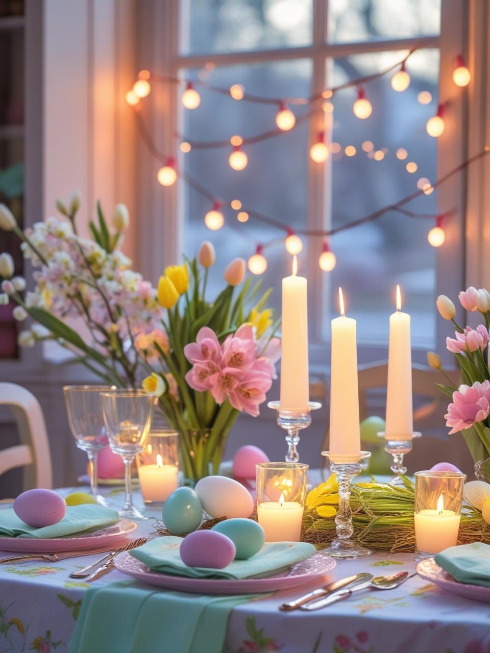 Easter table decor with soft natural light, warm string lights, and glowing candles for cozy, photo-ready ambiance.