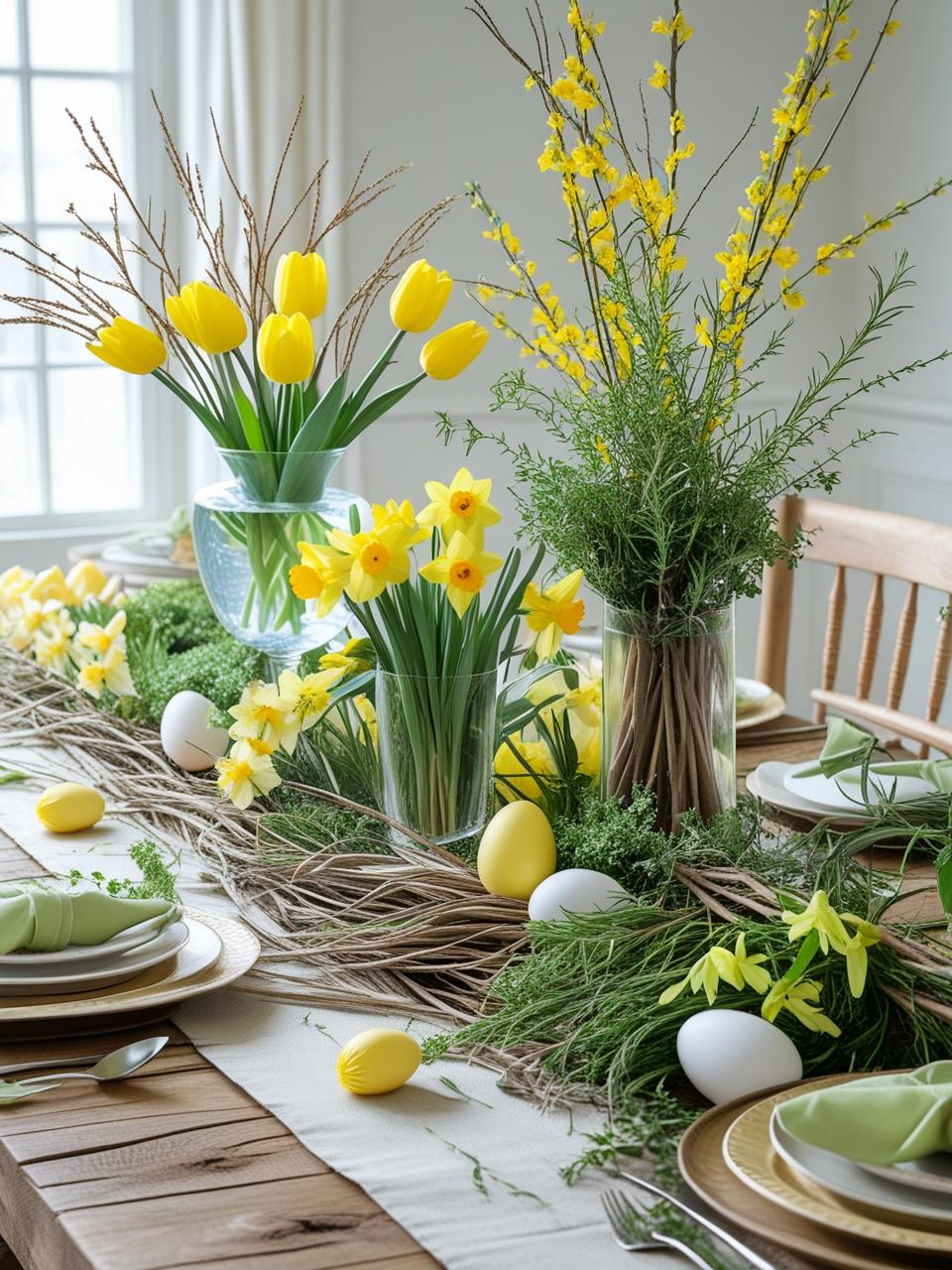 Easter table decor with tulips, daffodils, forsythia, herbs, pussy willows, and foraged greenery for long-lasting spring style.